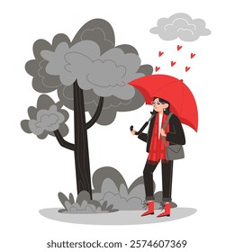 Young Woman Holding a Red Umbrella Walking in the Rain of Hearts in a Gray Park, Valentine's Day Theme
