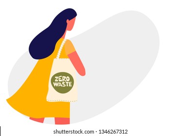 Young woman holding reusable grocery bag. Zero waste concept Vector illustration isolated of white background