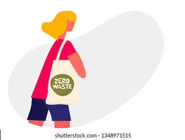 Young woman holding reusable grocery bag. Zero waste concept Vector illustration isolated of white background