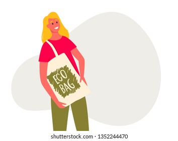 Young woman holding reusable grocery bag with inscription Eco Bag handwritten with creative font. Colorful hand drawn vector illustration