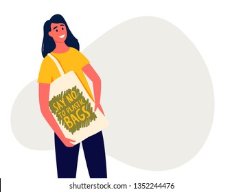 Young woman holding reusable grocery bag with inscription Say No To Plastic Bags handwritten with creative font. Colorful hand drawn vector illustration