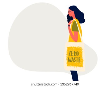 Young woman holding reusable grocery bag with inscription Zero Waste handwritten with creative font. Colorful hand drawn vector illustration