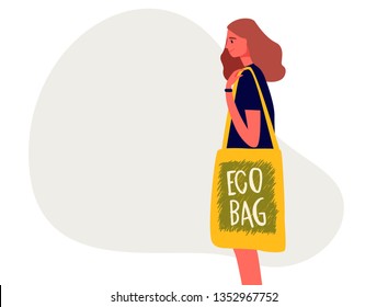 Young woman holding reusable grocery bag with inscription Eco Bag handwritten with creative font. Colorful hand drawn vector illustration