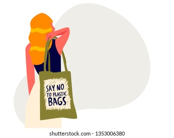 Young woman holding reusable grocery bag with inscription Say No To Plastic Bags handwritten with creative font. Colorful hand drawn vector illustration