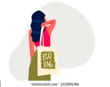 Young woman holding reusable grocery bag with inscription Eco Bag handwritten with creative font. Colorful hand drawn vector illustration