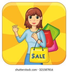 Young woman holding sale shopping bags on a yellow background.