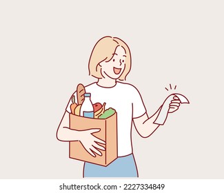 joven sosteniendo una bolsa de compras y comprobando el recibo de la compra. Ilustraciones de diseño vectorial de estilo dibujado a mano.