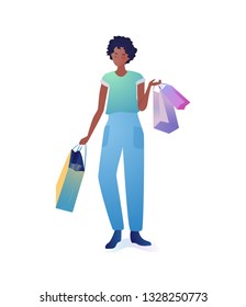 Young woman holding shopping bags. Flat Character concept. Cheerful аfro girl vector illustration isolated on white background