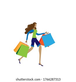 Young woman holding a lot of shopping bags. Happy girl goes for shopping. Vector illustration.