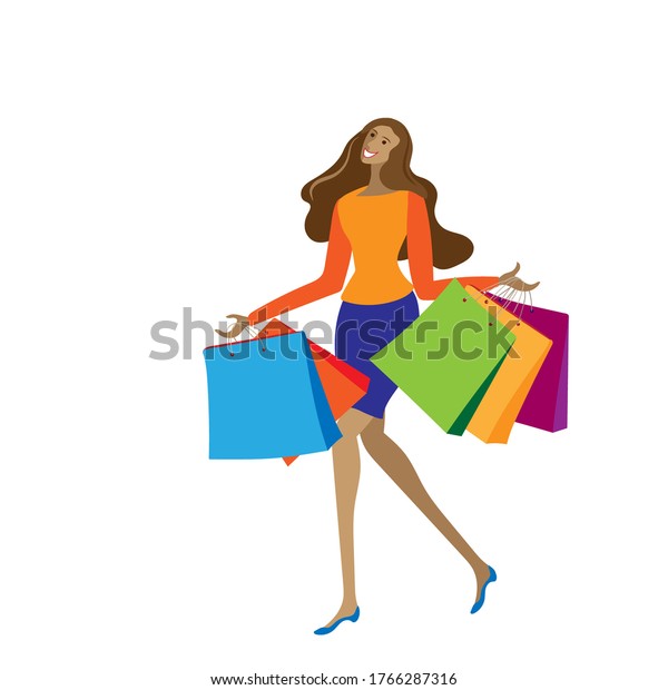 買い物袋をたくさん持つ若い女性 幸せな女の子は買い物に行く ベクターイラスト のベクター画像素材 ロイヤリティフリー