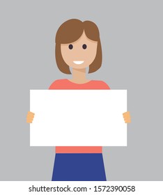 young woman holding showing white blank board banner poster, vector illustration