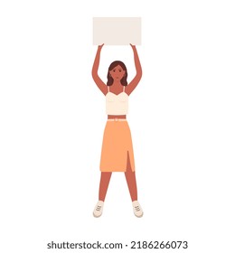 Young woman holding sign. African american protest. Vector flat illustration with protesting woman.