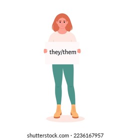 Young woman holding sign with gender pronoun. She, he, they, non-binary. Gender-neutral movement. LGBTQ community. Hand drawn vector illustration