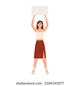 Young woman holding sign. Vector flat illustration with protesting woman.