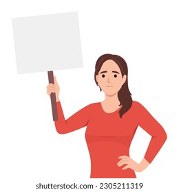 Young woman holding sign. Vector flat illustration with protesting woman. Flat vector illustration isolated on white background