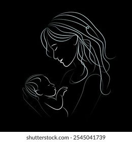 Young woman holding sleeping baby in her arms, side view.  Art Line Vector Illustration. On a Black Background