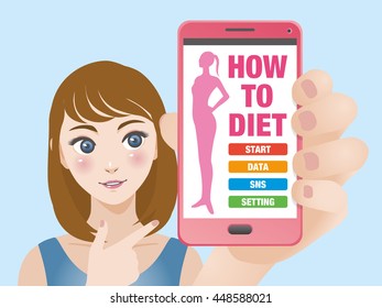 young woman holding smart phone and pointing diet application interface in screen, vector illustration
