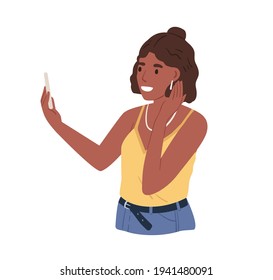 Young woman holding smartphone and chatting online. Happy female character with mobile phone taking selfie or recording video for social media. Colored flat vector illustration isolated on white