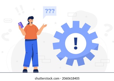 Young woman holding a smartphone in hand with wondering how to set up, flat design vector illustration
