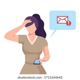 Young Woman Holding Smartphone with Incoming Message, Social Distancing or Self Isolation Concept Flat Vector Illustration