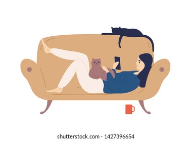 Young woman holding smartphone, lying on sofa with her cats and surfing internet. Funny girl spending time with her domestic animals. Cute lady relaxing at home. Flat cartoon vector illustration.