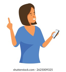 Young woman is holding a smartphone and pointing up, having a new idea