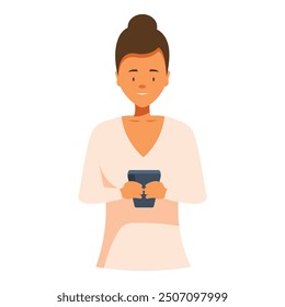 Young woman is holding a smartphone, possibly browsing the internet or engaging with social media