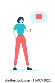 Young woman holding a smartphone and reading an e-mail, isolated on white vector flat style illustration
