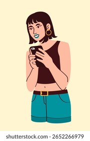 Jovem mulher segurando um smartphone e sorrindo, usando brincos de aro e roupas casuais, estilo de arte plana em fundo claro. Conceito de comunicação e conexão. Ilustração vetorial