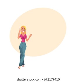 Young woman holding smartphone, talking by mobile phone, cartoon vector illustration with space for text.  