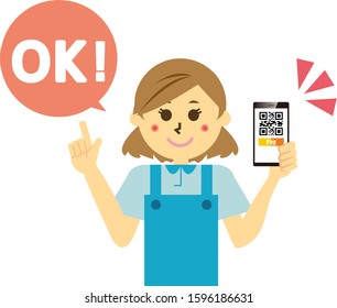 Young woman holding a smartphone . Vector illustration . Illustration of cashless payment