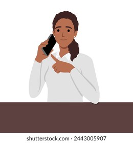 Young woman holding smartphone waiting for mobile phone call or message from boyfriend. Girl dreaming of love. Flat vector illustration isolated on white background