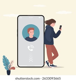 Young woman holding smartphone waiting for phone call or message from boyfriend. Mobile technologies. Teens communication and talking. Friends talking cellphone. flat vector illustration