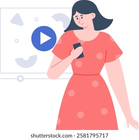 Young woman holding a smartphone while watching a video lesson on a monitor, engaging in online education and e learning, depicted in a flat vector illustration