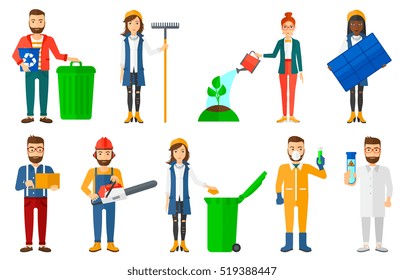 Young woman holding solar panel in hands. Woman carrying solar panel in hands. Worker of solar power plant. Green energy concept. Set of vector flat design illustrations isolated on white background.