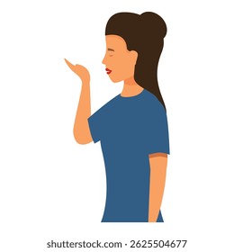 Young woman holding something in her hand with her palm up