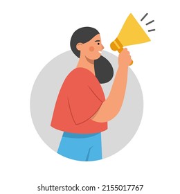 Young woman holding a speaker megaphone in her hand. The concept of a discount, promotion, advertising or sale. Design for banner, poster, flyer or web. Vector illustration on white background.
