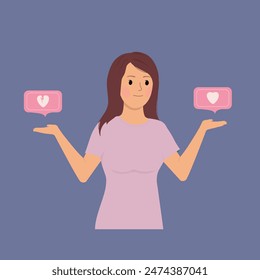 Young woman holding speech bubble with heart and broken heart like symbol. Sochial media concept. Cartoon minimal style.