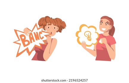 Young Woman Holding Speech Chat Bubble In Her Hands Vector Set