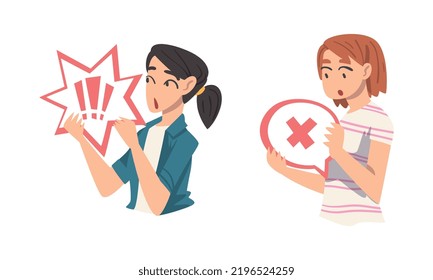 Young Woman Holding Speech Chat Bubble In Her Hands Vector Set