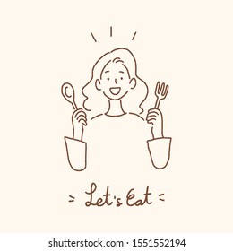 Young woman holding spoon and fork with Let's Eat handwritten lettering, eating dining concept, hand-drawn style vector illustration.
