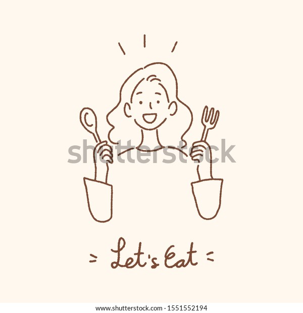 Young woman holding spoon and fork with\
Let\'s Eat handwritten lettering, eating dining concept, hand-drawn\
style vector\
illustration.\
