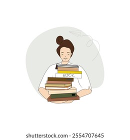 Young woman is holding a stack of books. Literature fan. Vector concept illustration.