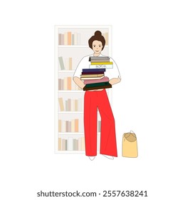 A young woman is holding a stack of books with a bookshelf in the background. World book day. Education, study and literature concept. Vector illustration