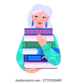 Young woman holding stack of books. Flat vector portrait with bright colors. Concept of education, studying, knowledge, reading habit and academic lifestyle.
