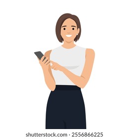 Young woman holding and staring at mobile phone. Flat vector illustration isolated on white background