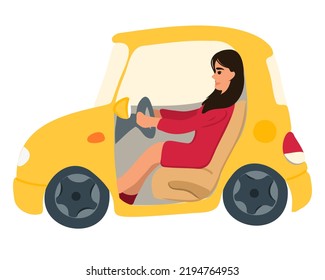 Young woman holding a steering wheel or driving a yellow car on a city street.
Flat vector illustration.