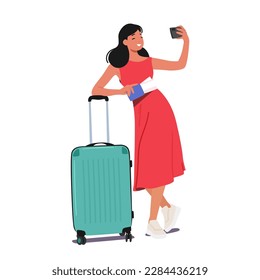 Una Joven Con Maleta Y Boletos Se Toma Un Selfie Con Su Teléfono. Ella Está Dispuesta A Embarcarse En Un Viaje Y Capturar Recuerdos. Viaje Por El Mundo, Viaje, Viaje. Ilustración del vector de dibujos animados