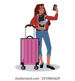 Young Woman Holding Suitcase And Tickets Snaps A Selfie With Her Phone. She Is All Set To Embark On A Journey And Capture Memories. Travel Around the World, Journey, Trip. Cartoon Vector Illustration.