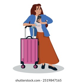 Young Woman Holding Suitcase And Tickets Snaps A Selfie With Her Phone. She Is All Set To Embark On A Journey And Capture Memories. Travel Around the World, Journey, Trip. Cartoon Vector Illustration